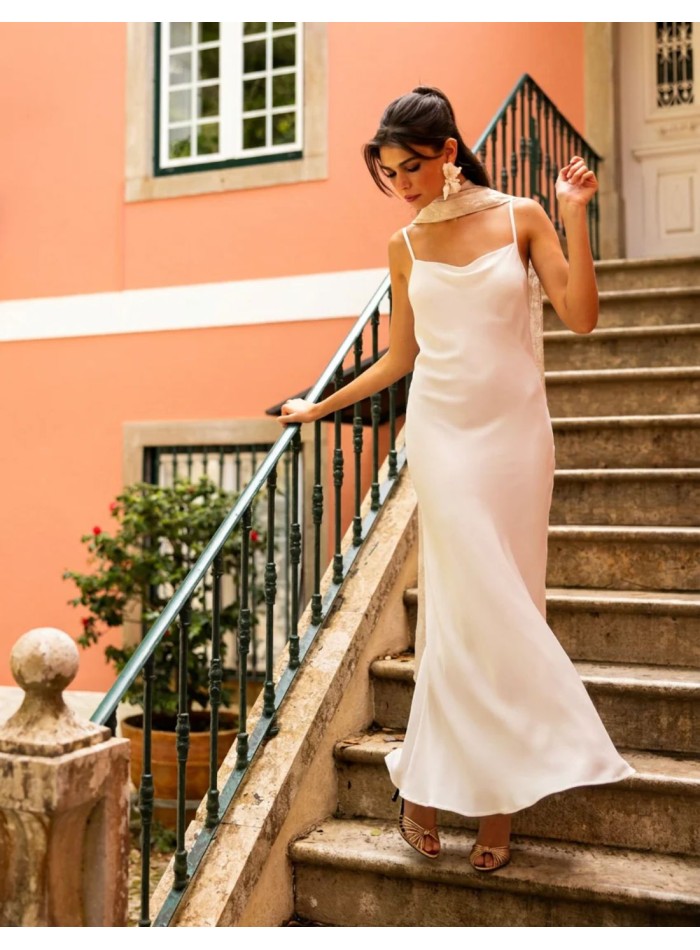 Long lingerie-style dress with thin straps and...