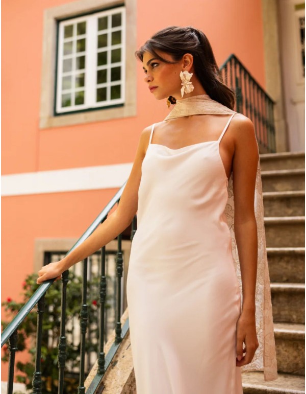 Long lingerie-style dress with thin straps and a...