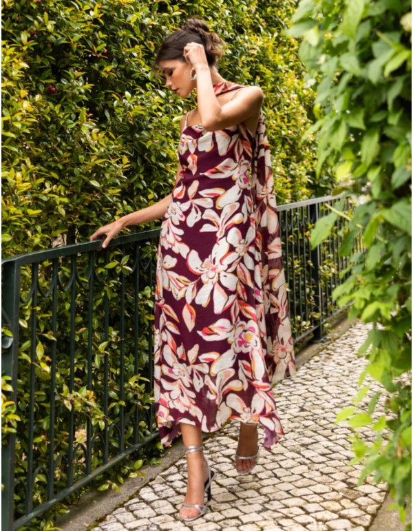 Vestido midi con estampado floral burdeos con escote drapeado 2