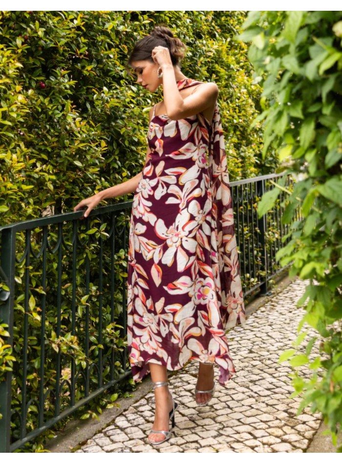 Robe midi à imprimé floral bordeaux avec...
