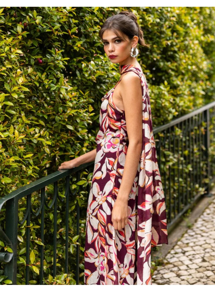 Robe midi à imprimé floral bordeaux avec...