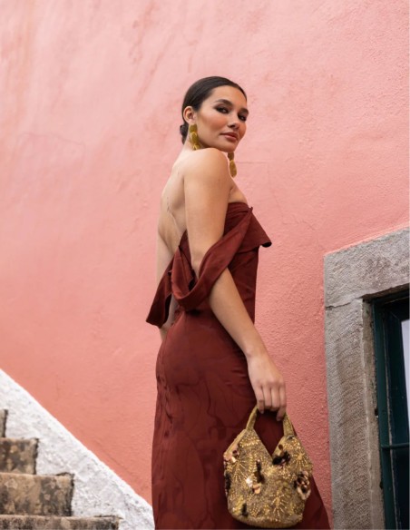 Long jacquard dress with an off-the-shoulder neckline