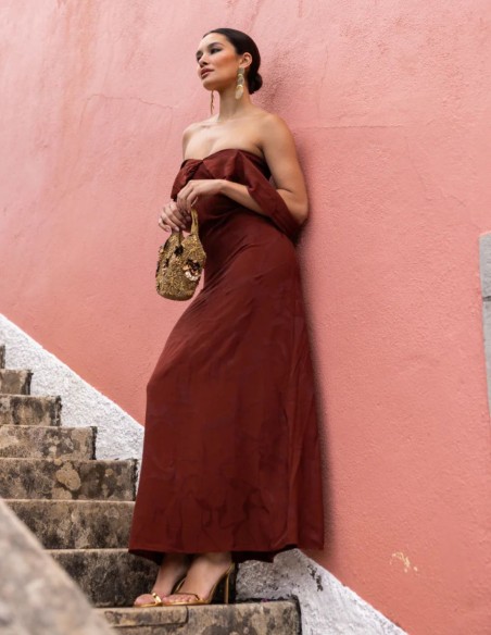 Vestido largo de jacquard con escote caído