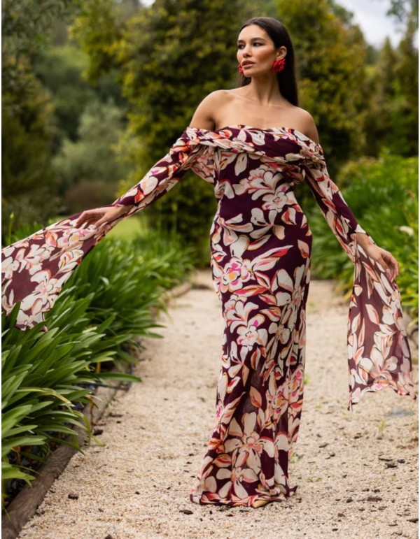 Long dress in a burgundy floral print with a Bardot... 2