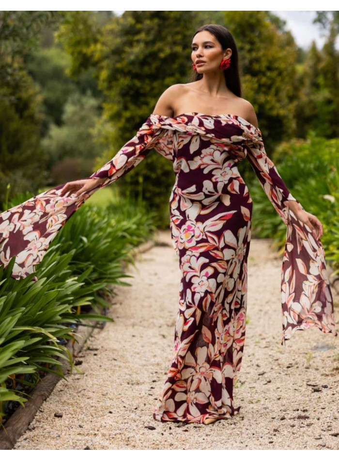 Vestido largo en estampado floral burdeos