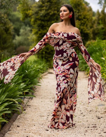 Vestido largo en estampado floral burdeos