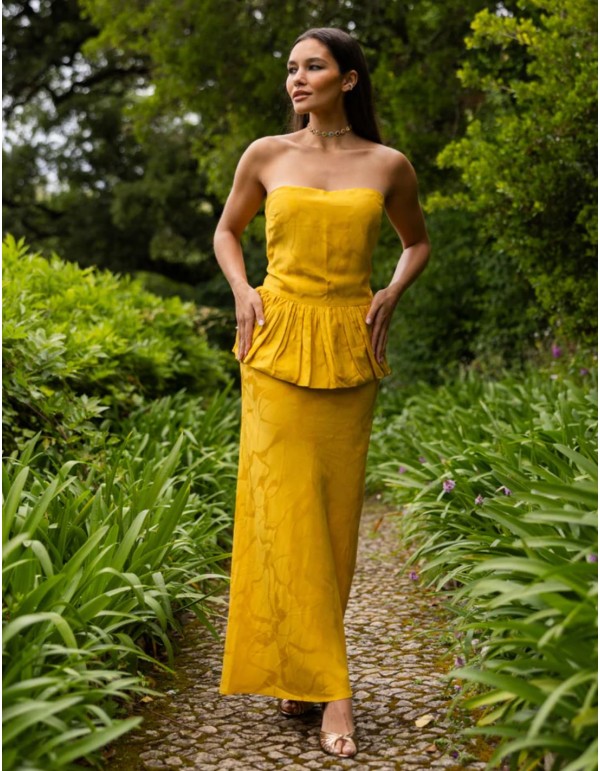 Falda maxi jacquard amarillo azafrán para invitada
