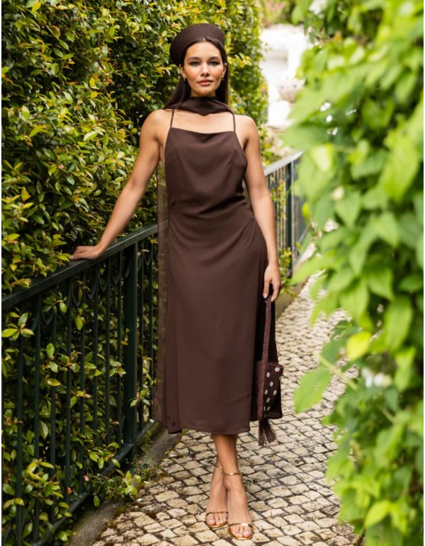 Espresso-brown lingerie-style dress with an open back