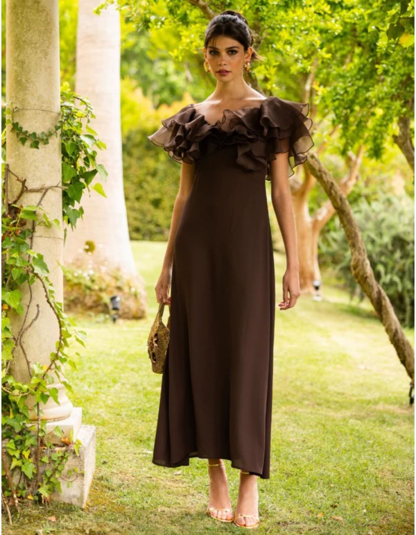 Robe longue marron à encolure bardot et manches en organza