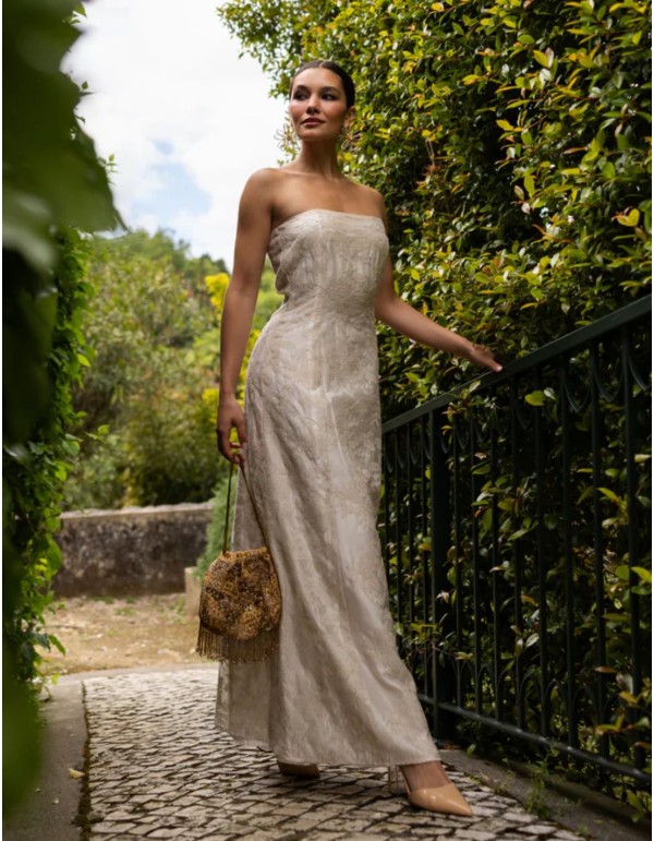Robe longue ivoire brodée, sans bretelles