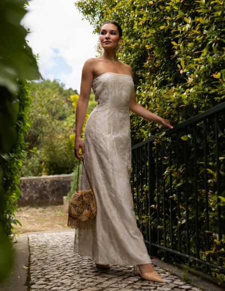 Long ivory strapless dress with embroidery