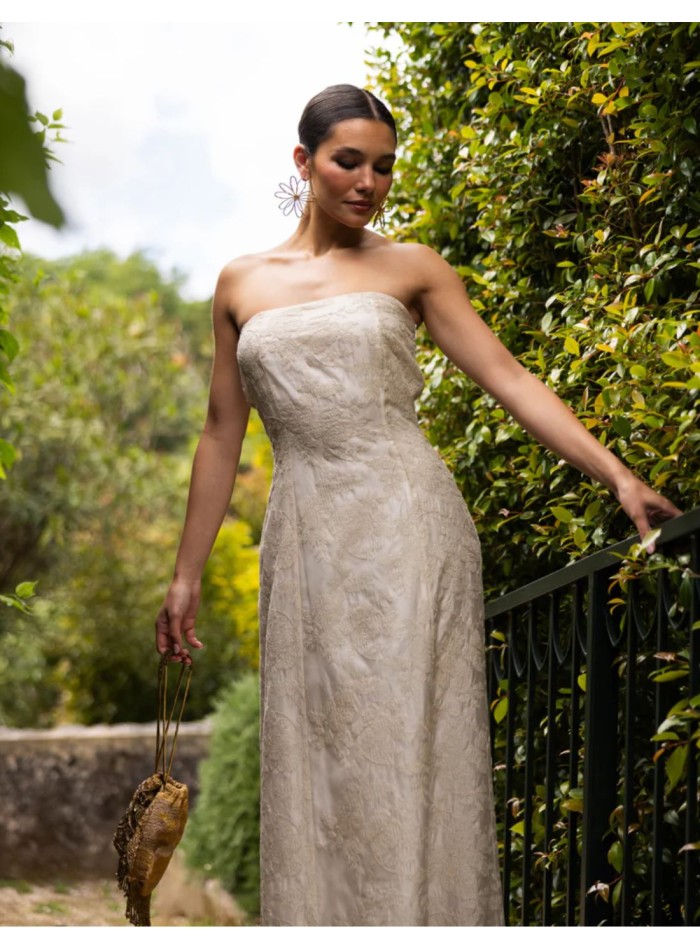 Long ivory strapless dress with embroidery