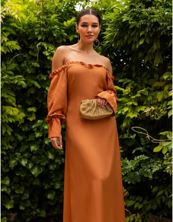 Ochre-orange midi dress with a Bardot neckline and puffed... 2