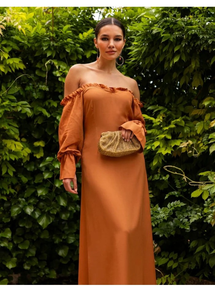 Ochre-orange midi dress with a Bardot neckline...