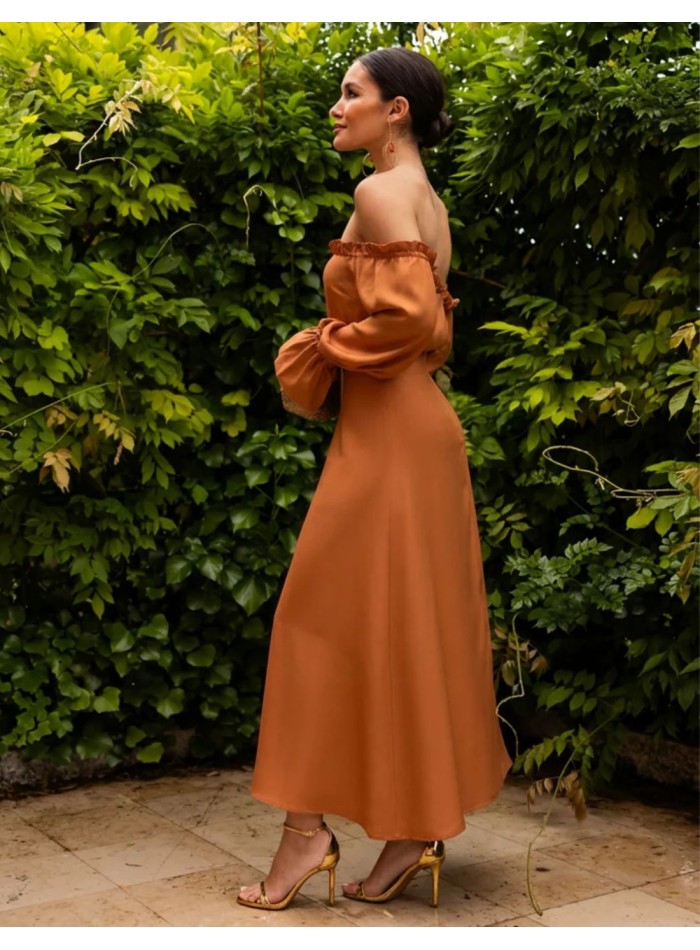 Ochre-orange midi dress with a Bardot neckline...