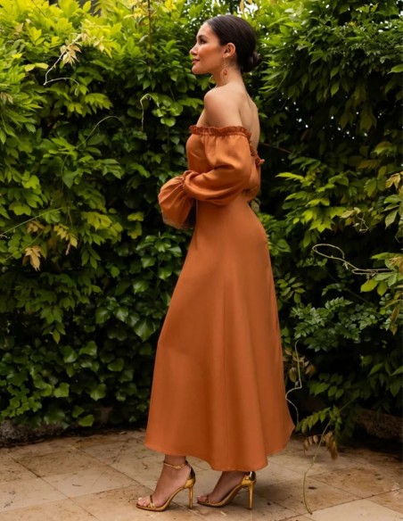 Ochre-orange midi dress with a Bardot neckline and puffed sleeves