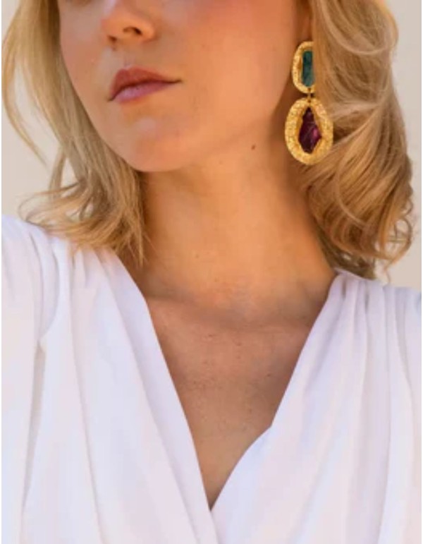 Pendientes dorados con piedras turquesa y morada artesanales 2