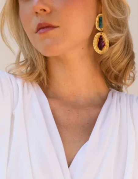 Handcrafted gold earrings with turquoise and purple stones