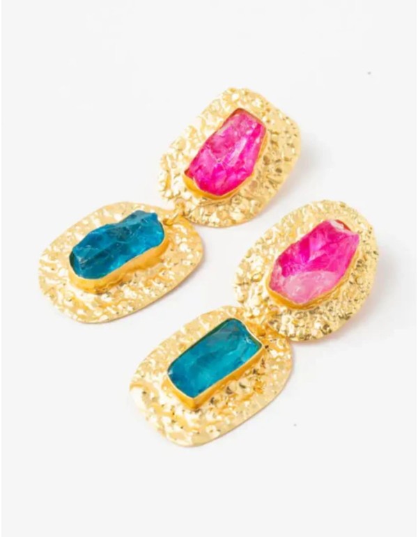 Boucles d'oreilles dorées ornées de pierres fuchsia et...