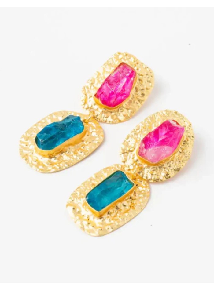 Pendientes dorados con piedras fucsia y turquesa artesanales