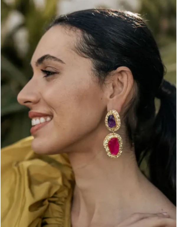 Gold-plated earrings with pink and purple stones