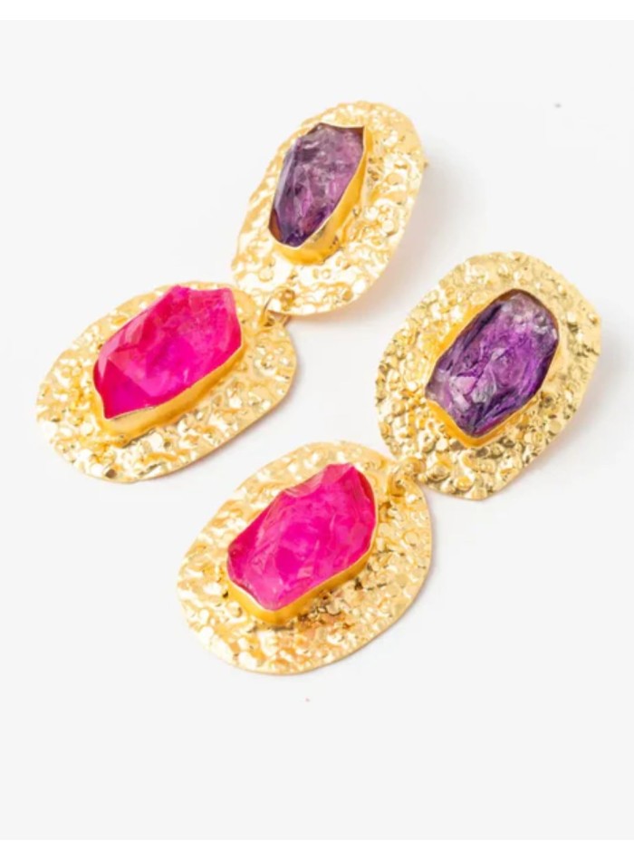 Pendientes dorados bañados en oro con piedras rosa y morado para invitada