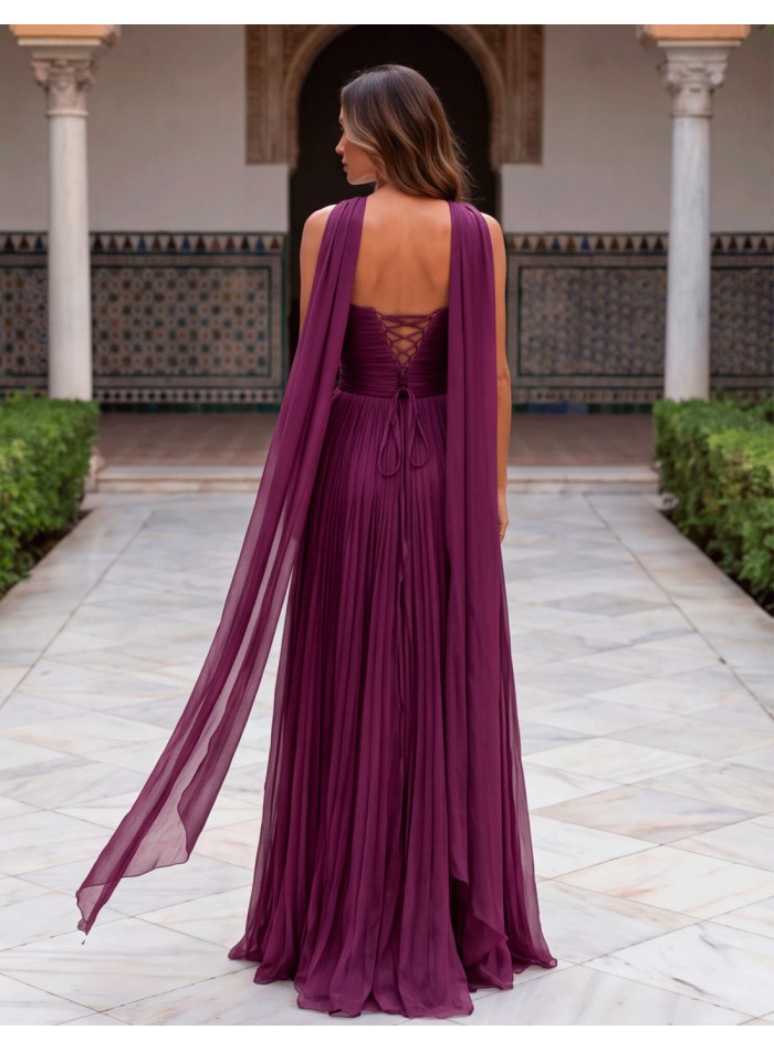 Robe de soirée longue plissée couleur bougainvillier avec châle assorti