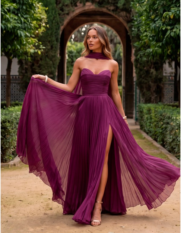 Vestido de fiesta largo buganvilla plisado con chal a juego