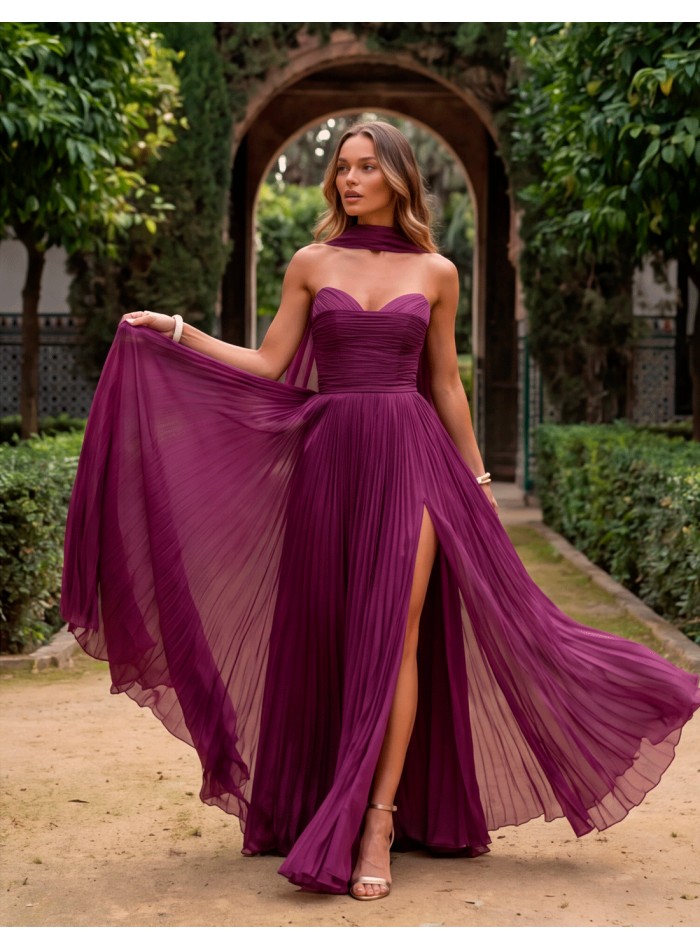 Vestido de fiesta largo buganvilla plisado con chal a juego