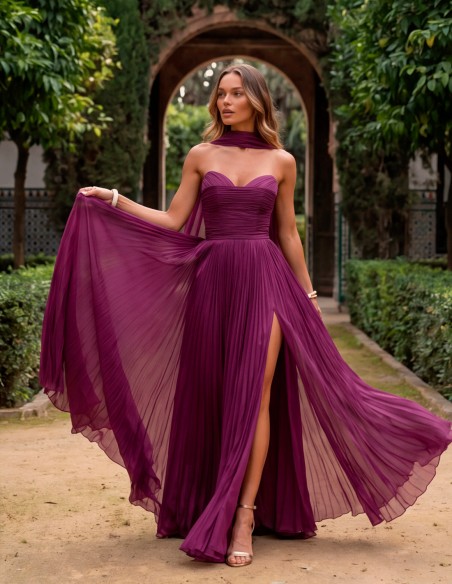 Vestido de fiesta largo buganvilla plisado con chal a juego