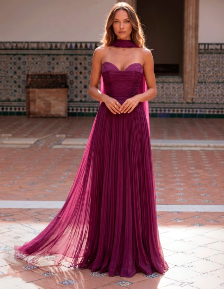 Long, pleated bougainvillea-print party dress with matching shawl