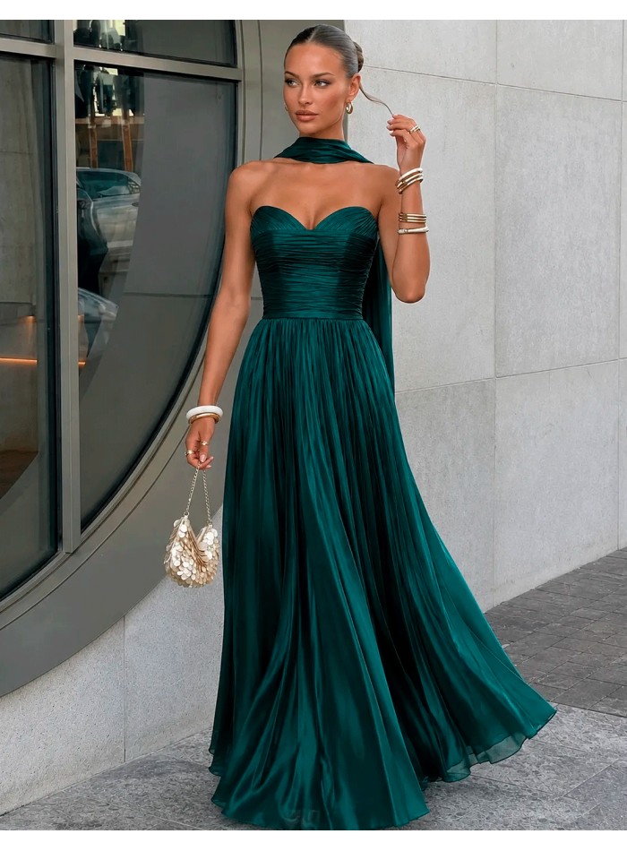 Long emerald green evening gown with a draped bodice, sweetheart neckline, pleated skirt