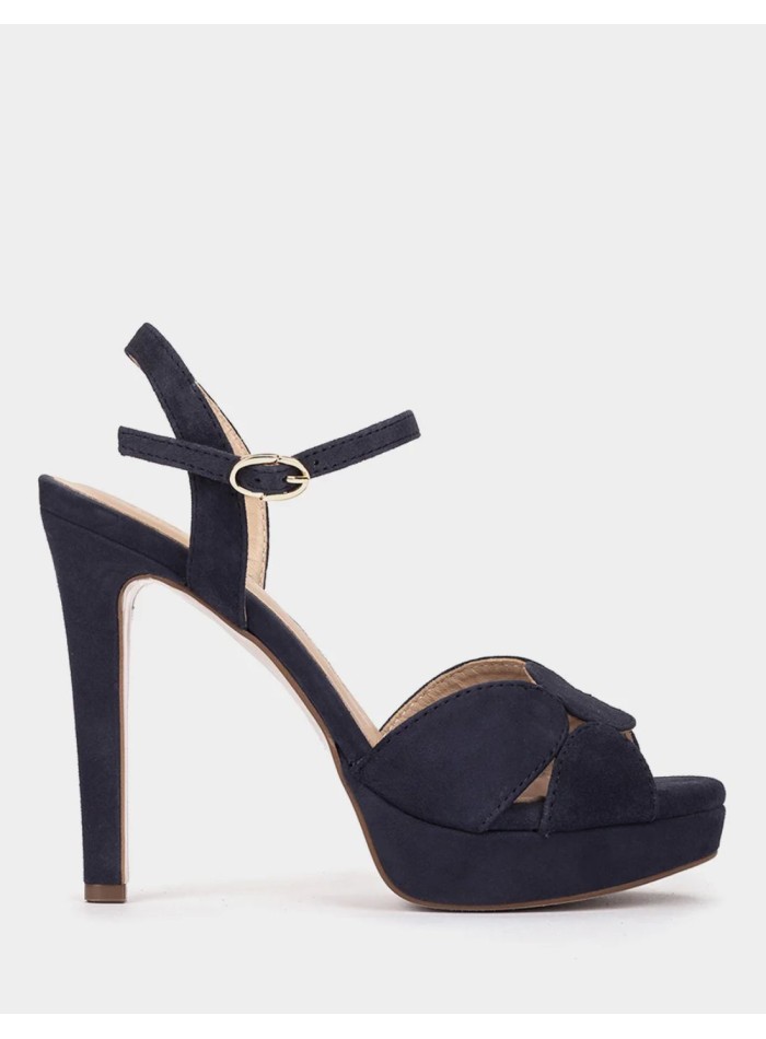 Navy Blue Leather Platform Heeled Sandals