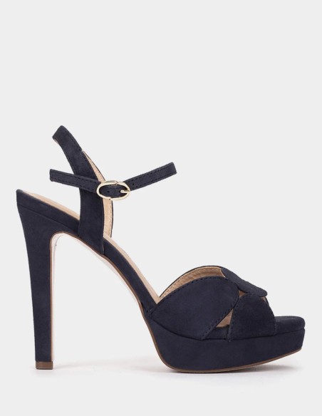 Navy Blue Leather Platform Heeled Sandals