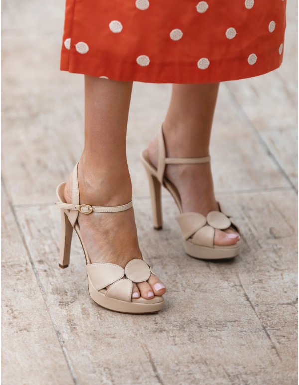Sandales à talons en cuir avec plateforme, couleur beige