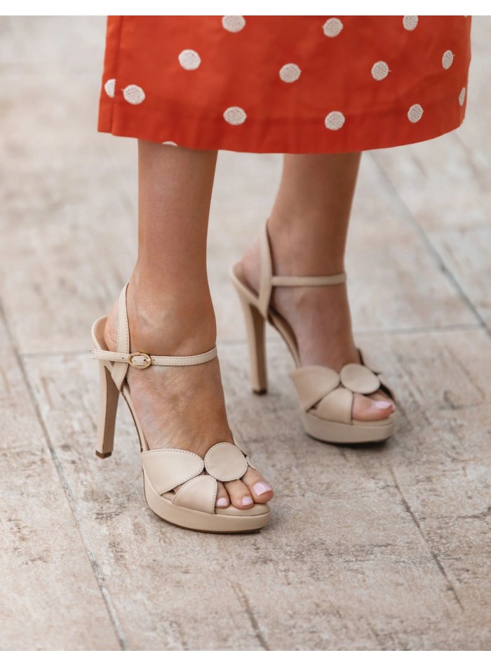 Beige leather platform heeled sandals
