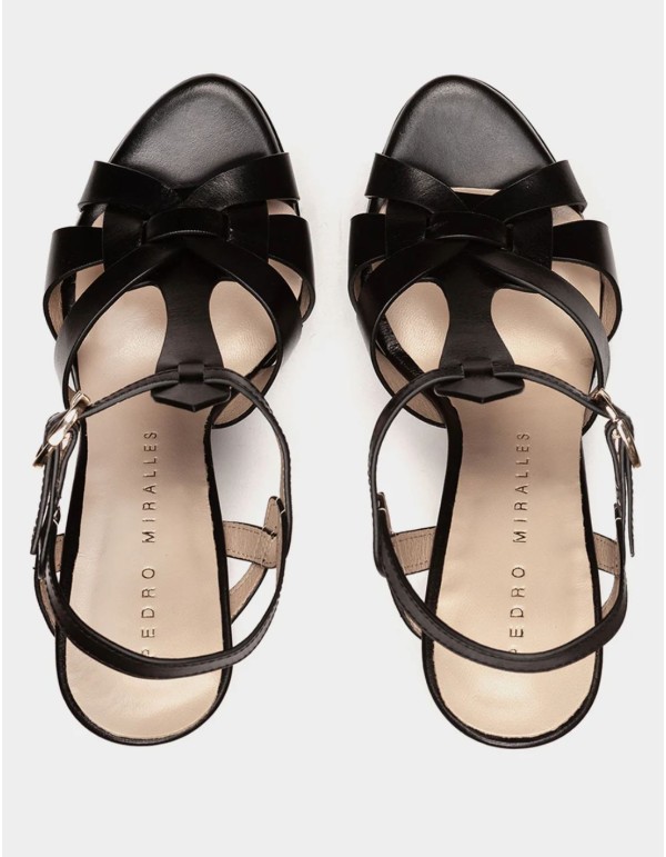 Black leather platform heeled sandals 2