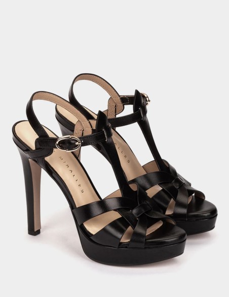 Black leather platform heeled sandals