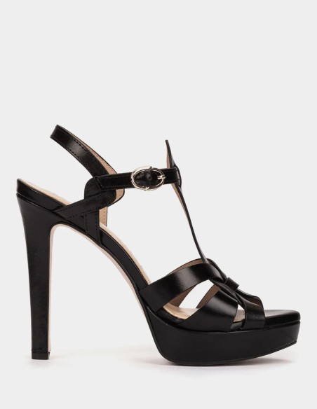 Black leather platform heeled sandals