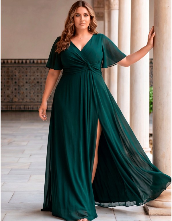 Robe de soirée longue vert anglais, grande taille, avec décolleté en V et manches fluides
