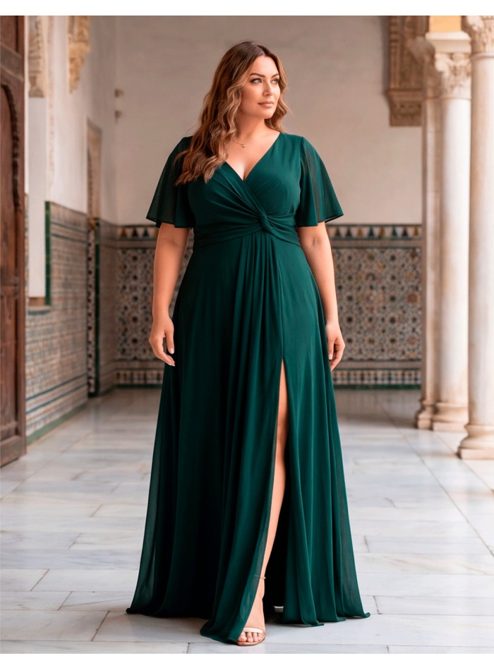 Vestido de fiesta largo verde inglés de talla grande con escote en pico y manga fluida