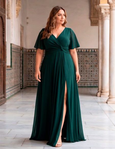 Robe de soirée longue de couleur vert anglais pour grandes tailles, avec encolure en V, manches fluides