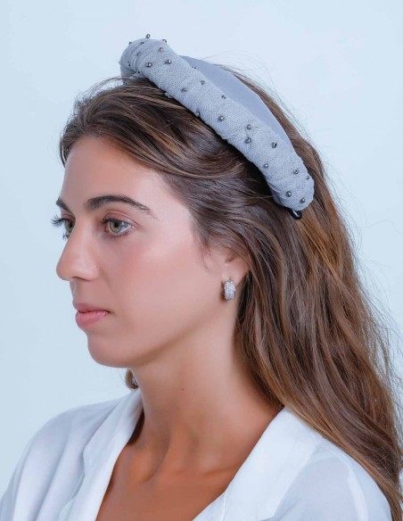 Crossed tulle headband with grey stones