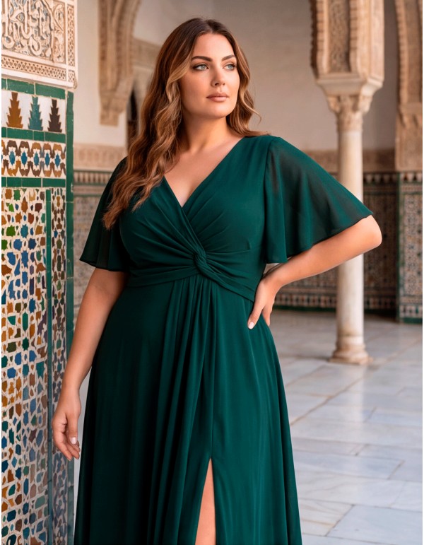 Robe de soirée longue vert anglais, grande taille, avec décolleté en V et manches fluides 2