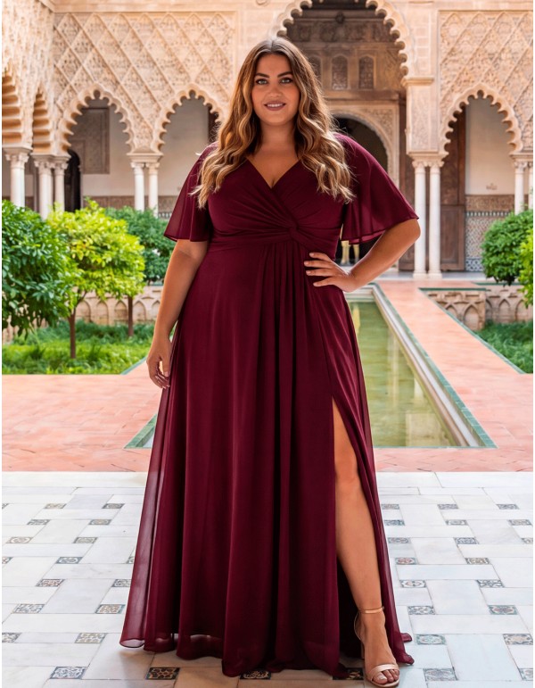 Robe de soirée longue couleur bordeaux, grande taille, avec un décolleté en V et des manches fluides 2
