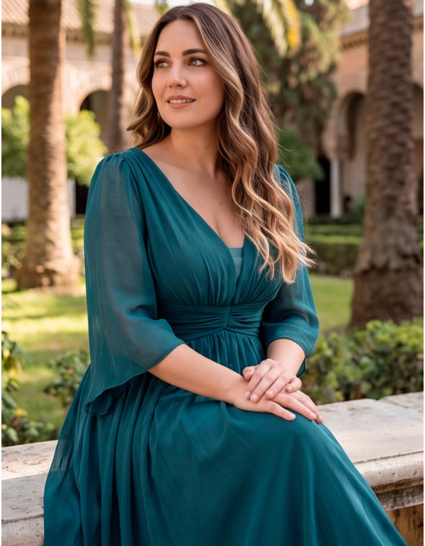 Robe de soirée longue bleu pétrole grande taille, à manches en mousseline et encolure en V