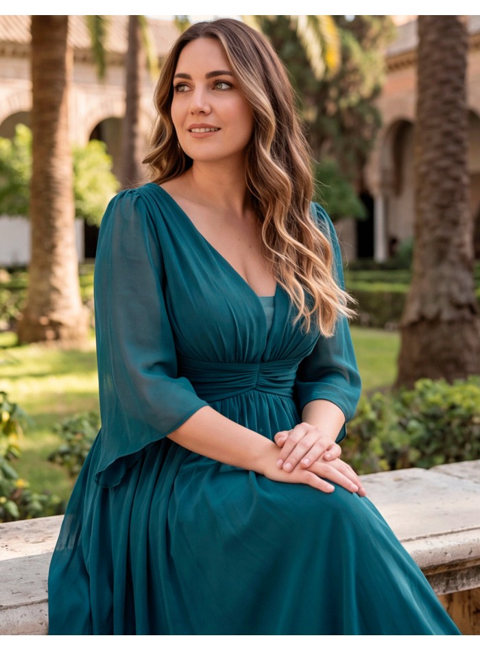 Plus-size long petrol blue party dress with chiffon sleeves and a V-neckline