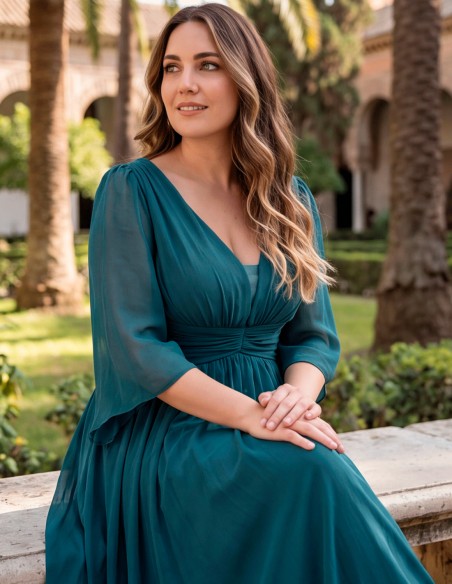 Robe de soirée longue bleu pétrole grande taille, à manches en mousseline et encolure en V
