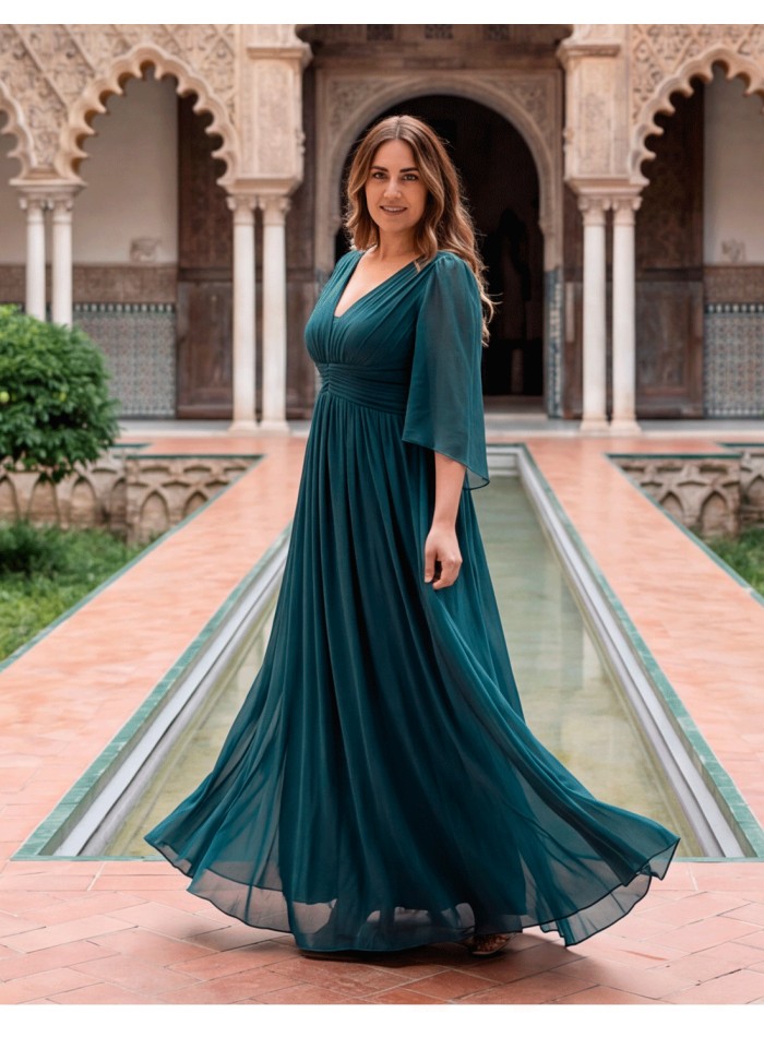 Robe de soirée longue bleu pétrole pour grandes tailles, avec décolleté en V