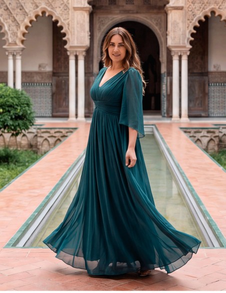Robe de soirée longue bleu pétrole pour grandes tailles, avec décolleté en V